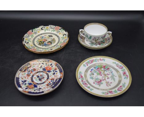 A miscellaneous collection of chinaware. Including, two 19th century hand painted floral design saucers, two Chelsea Crown pl