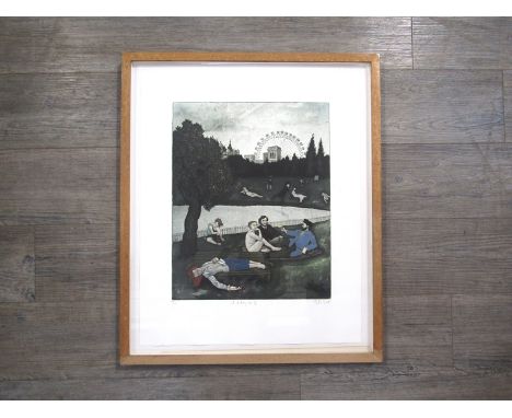 MYCKAEL BARRETT (Canadian b.1961): A framed and glazed coloured etching, "Life Imitating Art II. Pencil signed from an editio