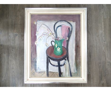 MARGARET THOMAS (1916-2016) (ARR): A framed and glazed oil on canvas, "Cyclamen and the Indian Shawl", monogram bottom right,
