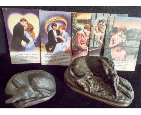 Two antique style bronze finished paperweights or models, one of a recumbent deer the other of a hound and 5 First World War 