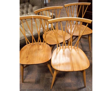 A set of 4 Ercol candlestick Chiltern pattern light elm dining room chairs 