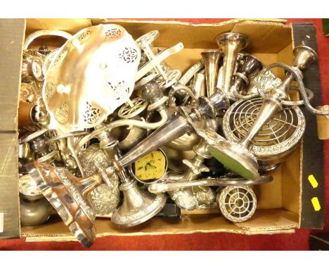 A collection of silver plated items, to include a pair of three-branch table candelabra, h.24cm; various serving dishes and c