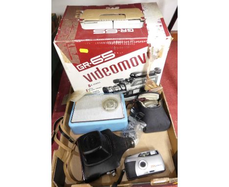 A box of camera equipment to include Zenit-E, GR65 video movie camera, various other compact cameras