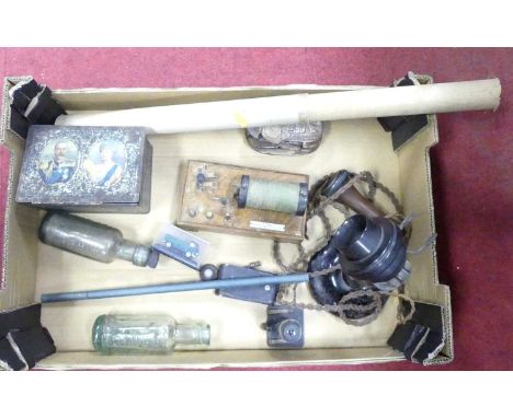 A collection of miscellaneous items, to include an early 20th century stick telephone, scientific equipment, and two Kirby of