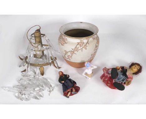 A collection of miscellaneous items, to include a scraffito decorated stoneware vase, two miniature dolls, and a gilt metal a