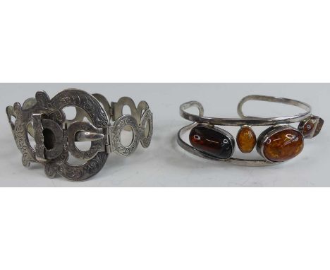 A Victorian white metal engraved sectional link bracelet, with buckle clasp, 22cm; together with a modern white metal and cab