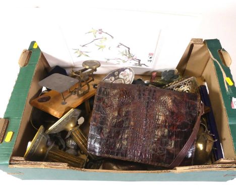 Mixed lot to include a snakeskin handbag, assorted metalwares, postal scales, Japanese print etc 