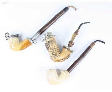A large late 19th century continental meerschaum pipe, the bowl with hinged white metal cover with engraved presentation insc