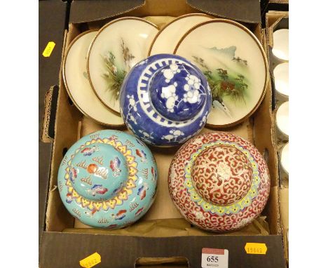 A collection of oriental items to include ginger jars , satsuma plates etcBlue and white jar in good condition, no cracks or 