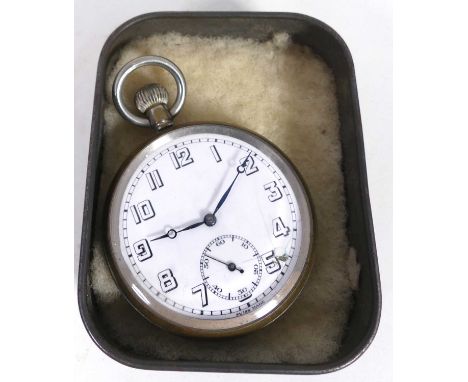 An early 20th century military pocket watch, the enamel dial having Arabic numerals and subsidiary seconds dial, bearing broa