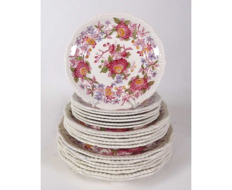 A Copeland Spode part dinner service in Spode's Aster pattern, comprising seven dinner plates, five soup bowls, and seven tea
