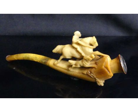 A 19th century meerschaum pipe, the carving on the stem, a huntsman on horseback with hounds 11cm, together with two other ex