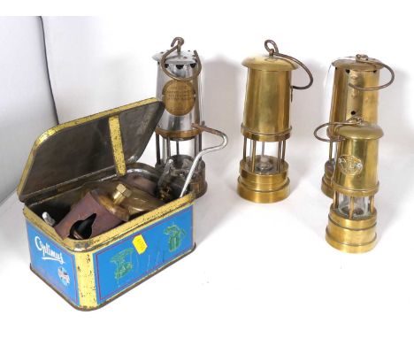 The Protector Lamp and Lighting Company Type GR6 safety lamp, together with three others and various other metalware 