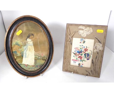 A 19th century stump work picture of a girl standing in a landscape playing with a yo-yo, oval, 22x15.5cm, and a floral decor