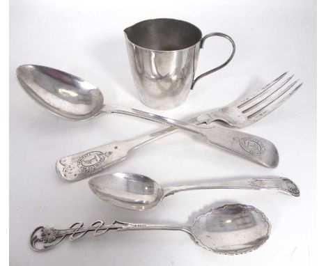A Victorian Scottish silver table fork, in the Fiddle pattern, the terminal with engraved crest and Latin motto, Glasgow 1850