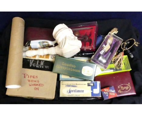 A box of various pipe smoking paraphernalia to include some cased examples, Aristcob, London Meerschaum pipes, The Sportsman,