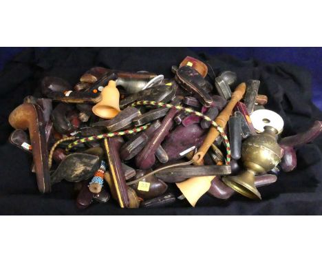 A large tray of Victorian tooled leather smoking pipe cases