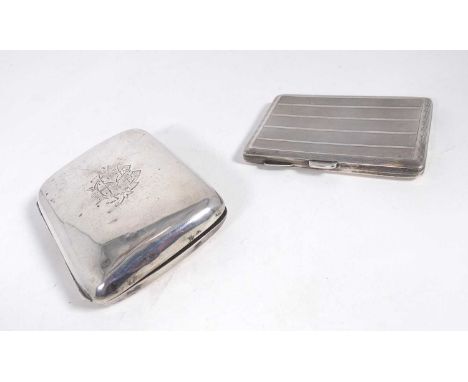 A George V silver pocket cigarette case, of typical hinged rectangular form, having linear engraved decoration and engraved r
