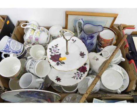Two boxes of various items to include cut glass decanter, Royal Worcester collectors' plates, bone china, part tea service et