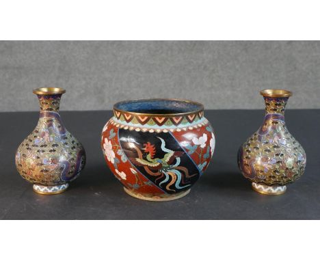A pair of Japanese Cloisonné enamel brass vases with dragon and cloud design along with a phoenix and rose design planter. H.