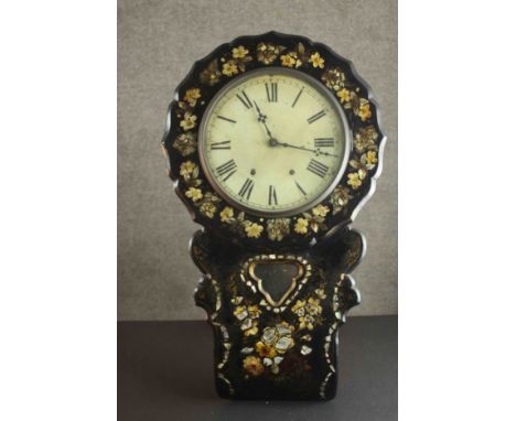 A Victorian papier mache mother of pearl inlaid drop dial wall clock with Roman numerals to the enamelled dial and body inlai