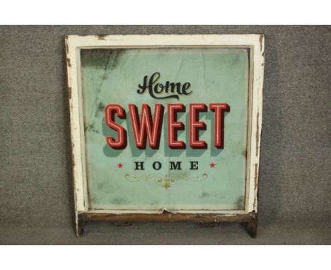 A vinyl sign in a vintage sash window frame. H.84 W.75cm. 