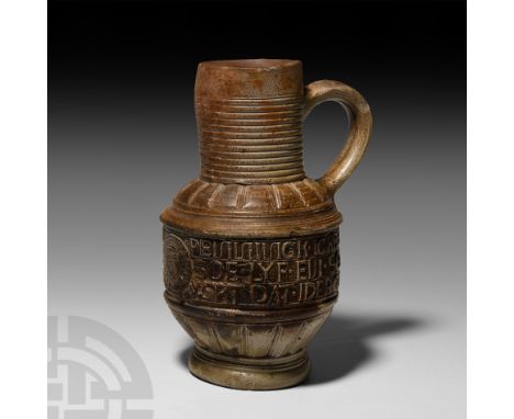 Flanders, circa 1580-1610 A.D. A cylinder-bellied jug with parallel circumferential grooves to the neck, slightly bulbous bod