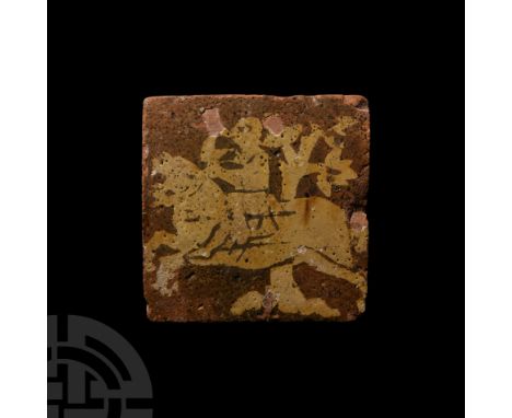 France, late 15th-early 16th century A.D. A square ceramic tile with stamped, honey-glazed design composed of a huntsman soun