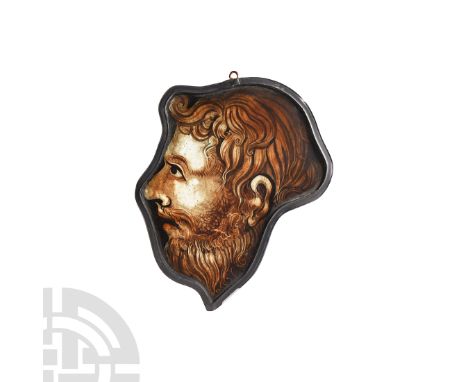 France, Troyes, circa 1530 A.D. A large, polychrome fragment of stained glass window in a lead-alloy frame, portraying the he