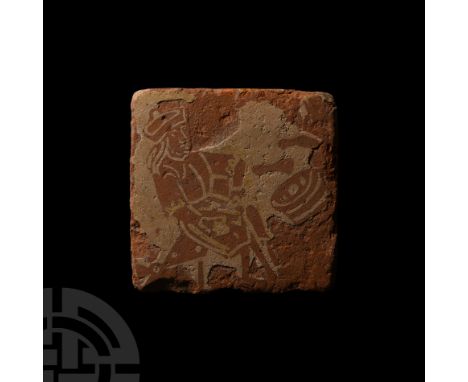 North Eastern France, Aisne, 15th century A.D. A square ceramic tile with a design depicting a shoemaker seated on a stool, e