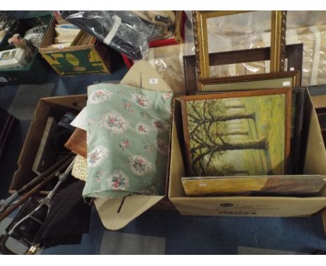 Three Boxes of Sundries to Include Two Shooting Sticks, Umbrella, Pictures and Prints, Ceramics, Linens,. Vintage Tine Etc. 