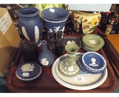 A Tray of Wedgwood Jasperware to Include Trinket Dishes Vases Candle Stick Together with Wedgwood Basalt Lidded Pot and King 