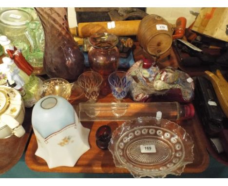 A Tray of Coloured Glass Ware, Rolling Pin, Lamp Shade Etc. 