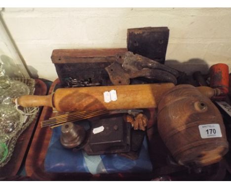 A Tray Containing Two Vintage Locks, Door Catches, Wooden Rolling Pin, Masonic Apron, Door Bell Etc. 