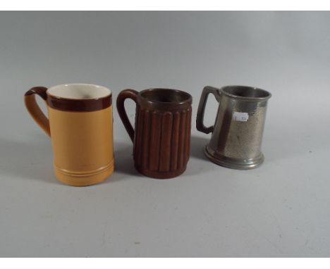 A Wooden and Metal Blind Tankard Together with Pewter and Ceramic Examples. 