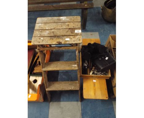 A Set of Small Vintage Steps, Two Pairs Binoculars, Stool and Cutlery.  