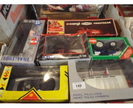 A Collection of Six Boxed Die Cast Toys to Include Corgi Fire Streak, VW Bus, Ertl Wing disk, Siku New Holland Tractor and Mi