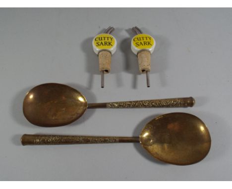 Two Cutty Sark Ceramic Pourers and Two Brass Spoons. 
