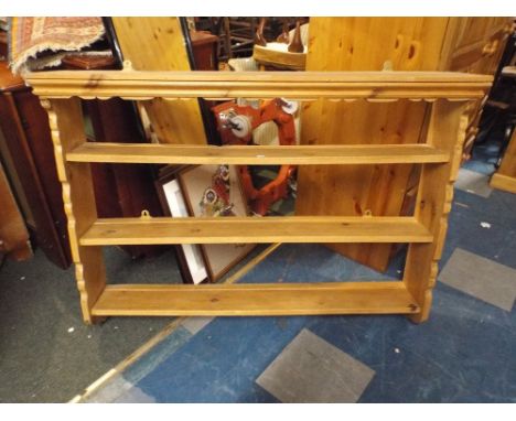 A Pine Wall Hanging Three Shelf Kitchen Unit with Moulded Cornice 125 Cm Wide.