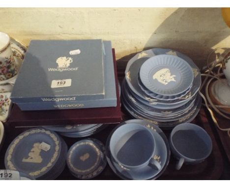 A Tray Containing Large Quantity of Wedgwood Blue Jasperware Plates Trinket Dishes Cups and Saucers Etc. 