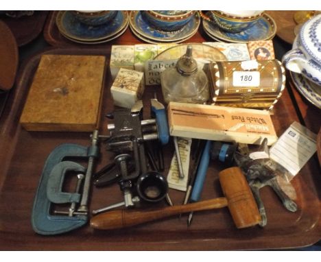 A Tray of Clock Maker Accessories to Include Two G Clamps, Bench Vice, Which Pens and Inks, Inlaid Box, Fox Door Knocker.