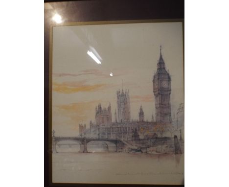 A Framed Print, Westminster Bridge and The Houses of Parliament.  