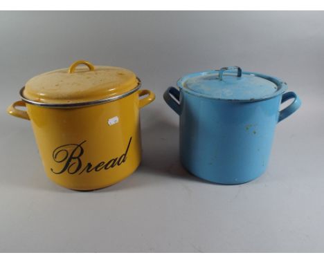 An Enamel Blue Bin with Two Handles and Modern Enameled Bread Bin. 