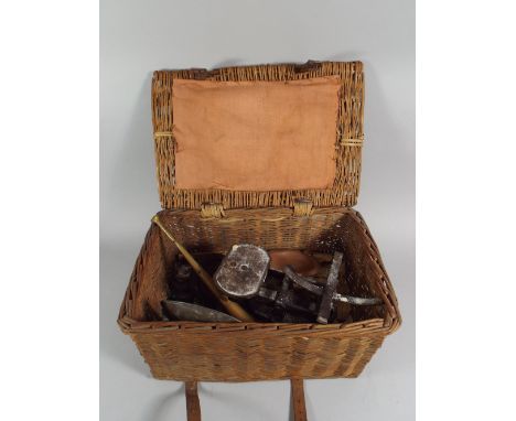 A Wicker Basket Containing Kitchen Scales and Weights, Brass Hunting Horn, Copper Ashtray Etc. 