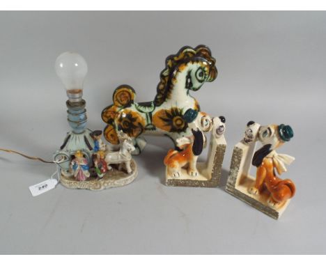 A Novelty Child's Bedside Lamp, Cinderella, Pair of Ceramic Dog Bookends and a Continental Ceramic Horse (AF). 