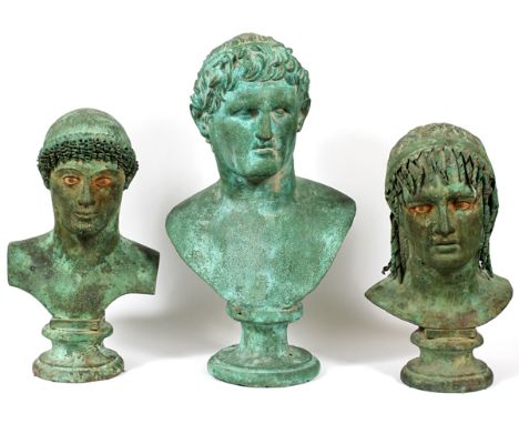 BRONZE BUSTS AFTER THE ANTIQUE, 3, H 20" TO 27":  Antiqued green patina. Provenance: lot 336  from the Sotheby's New York auc