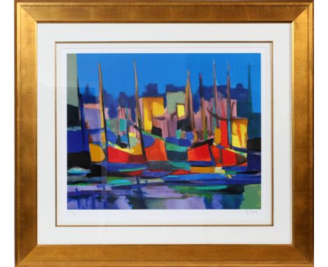 M. MOULY, SERIGRAPH, H 25" X 29", "PORT AU  CREPUSCULE": Signed lower right, Framed and  matted under glass. 205/300. 