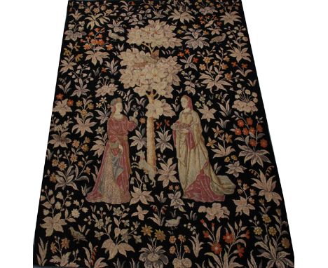 TAPESTRY WITH 18TH.C. FIGURES 72" X 51": Two  Elizabethan standing figures taken from an  18th.c. tapestry now applied to a n
