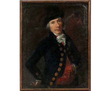 ENGLISH OIL ON CANVAS, C. 1800, 30" X 24",  PORTRAIT OF A GENTLEMAN: Half-length portrait  of a gentleman with a riding crop 