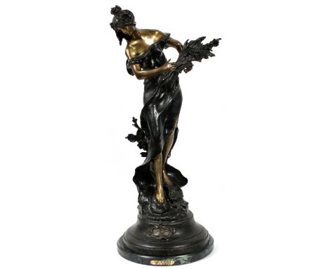 AFTER A. MOREAU, BRONZE SCULPTURE, H 36", 'LADY  WITH WHEAT': An art nouveau style young lady  carrying a sheaf of wheat. Sig